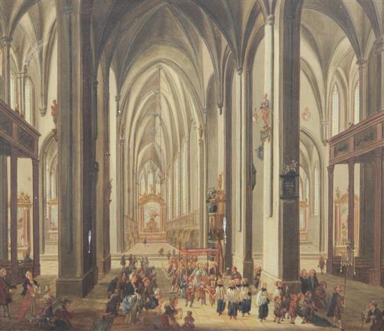 Attributed to Heinrich Hermann Schafer (German, 1815-1884) Interior of a Catholic cathedral 9 x 10.5in.